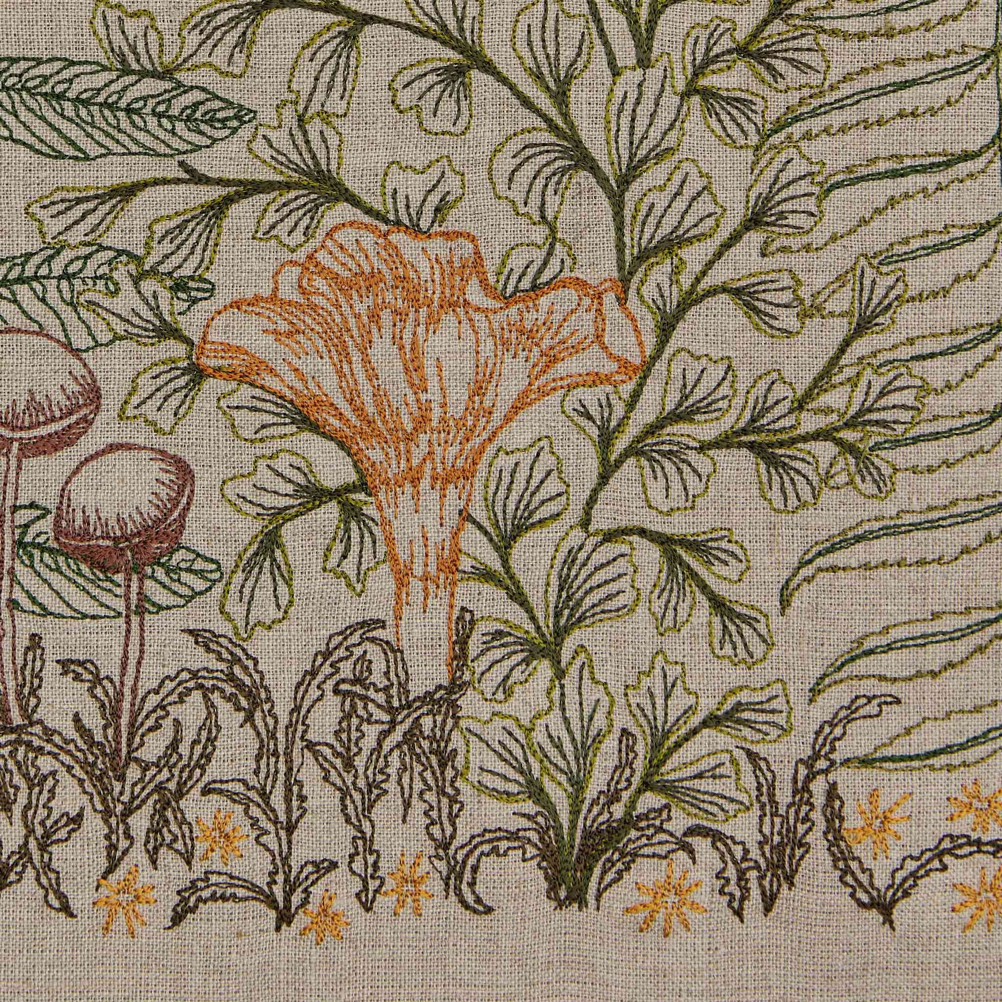 Mushrooms and Ferns Embroidered Linen Table Runner