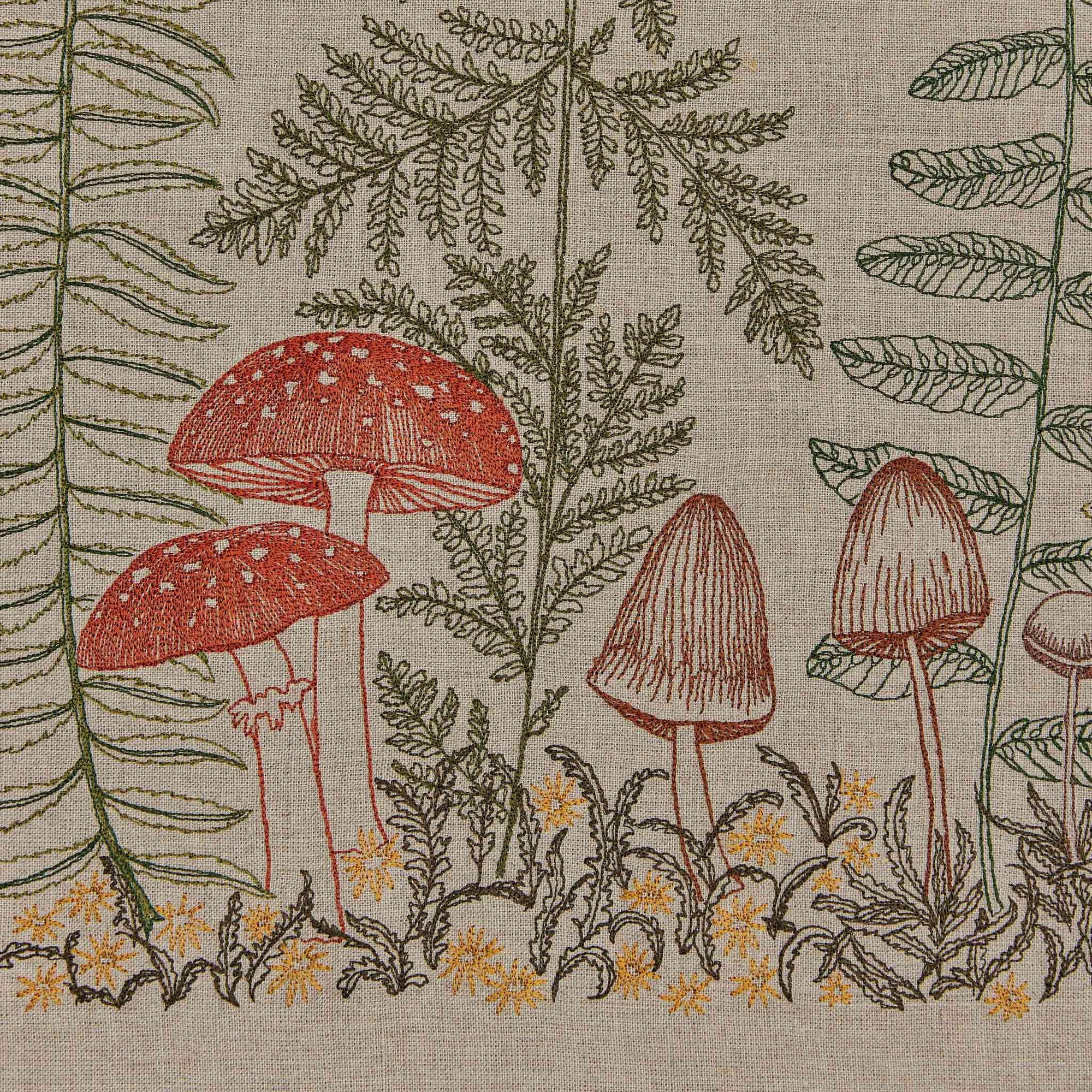Mushrooms and Ferns Embroidered Linen Table Runner