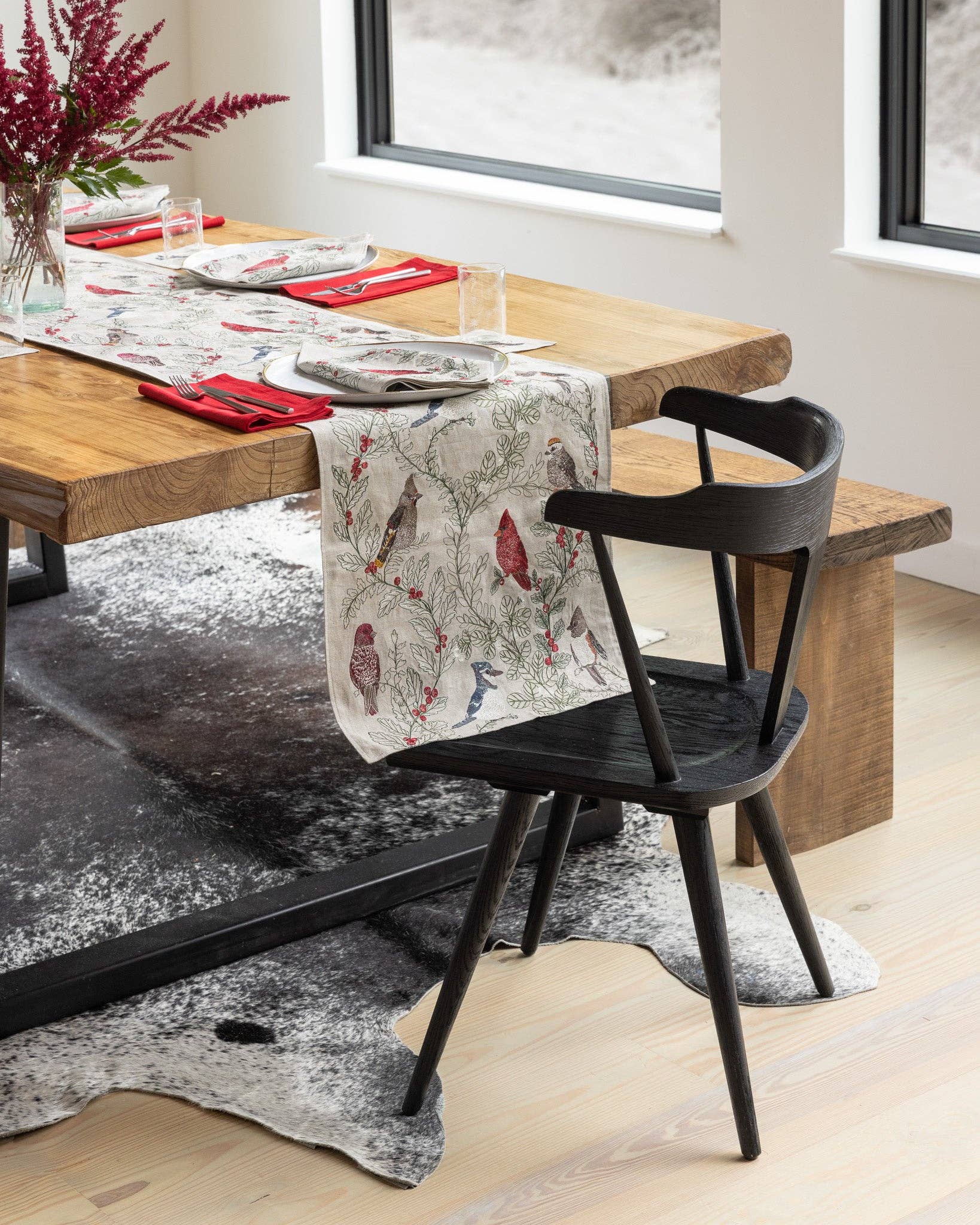 Winter Birds Embroidered Linen Table Runner