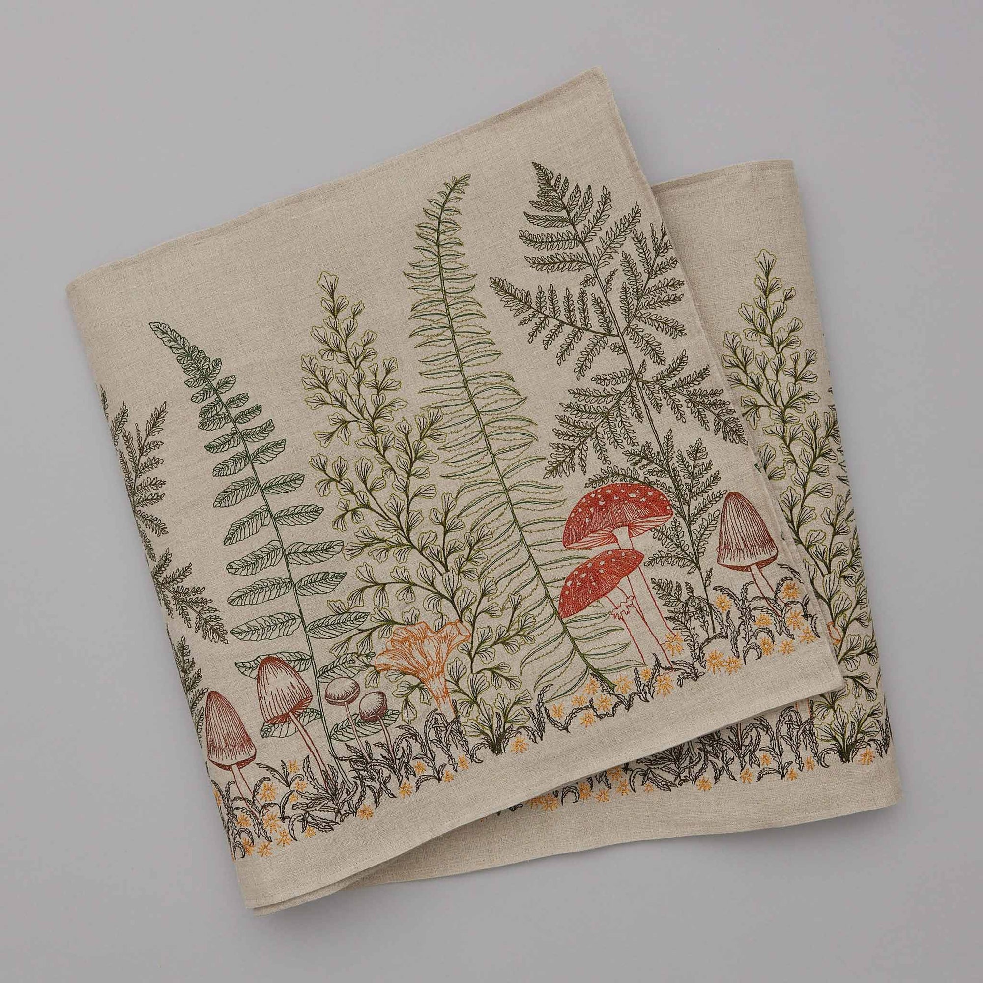 Mushrooms and Ferns Embroidered Linen Table Runner