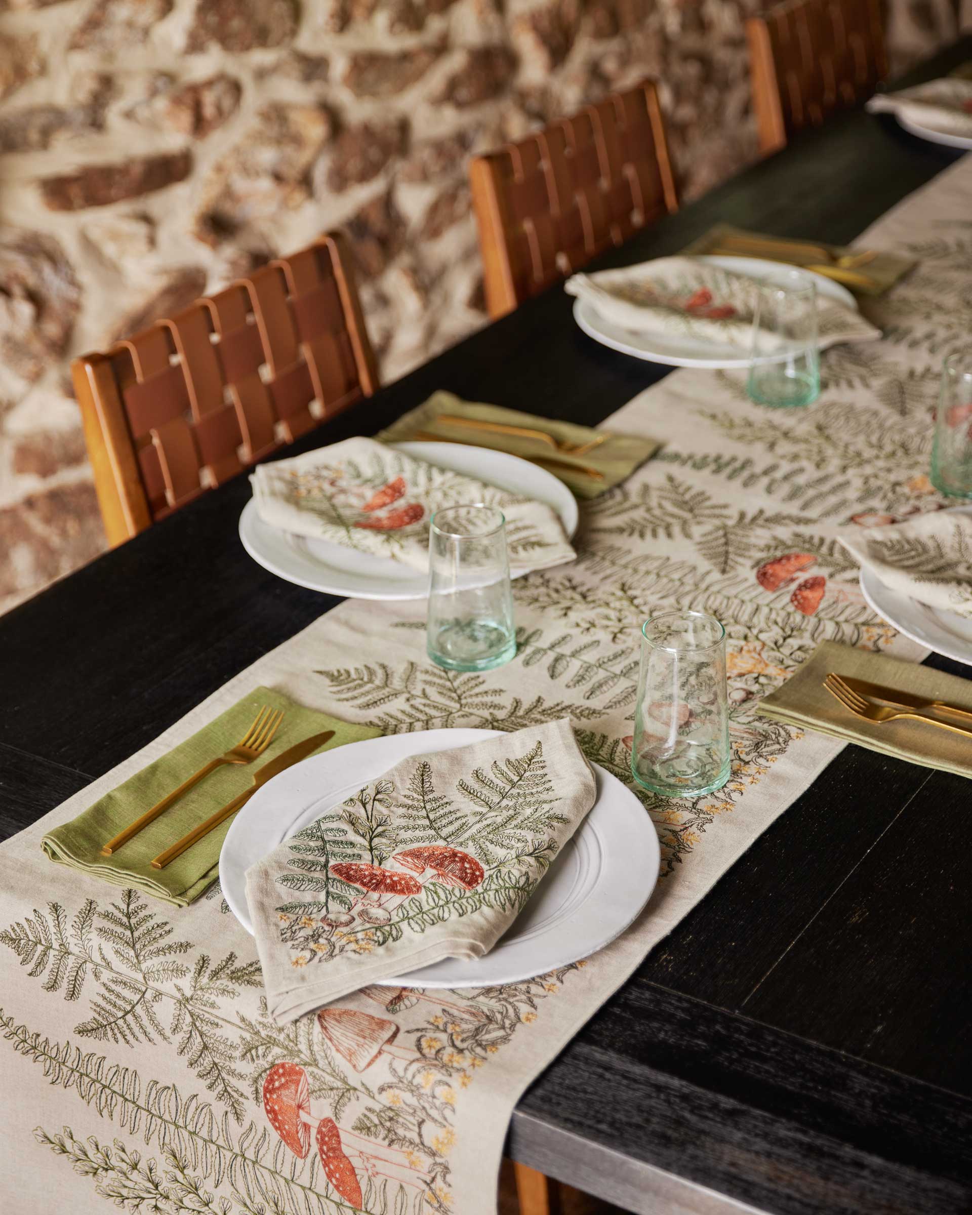 Mushrooms and Ferns Embroidered Linen Table Runner