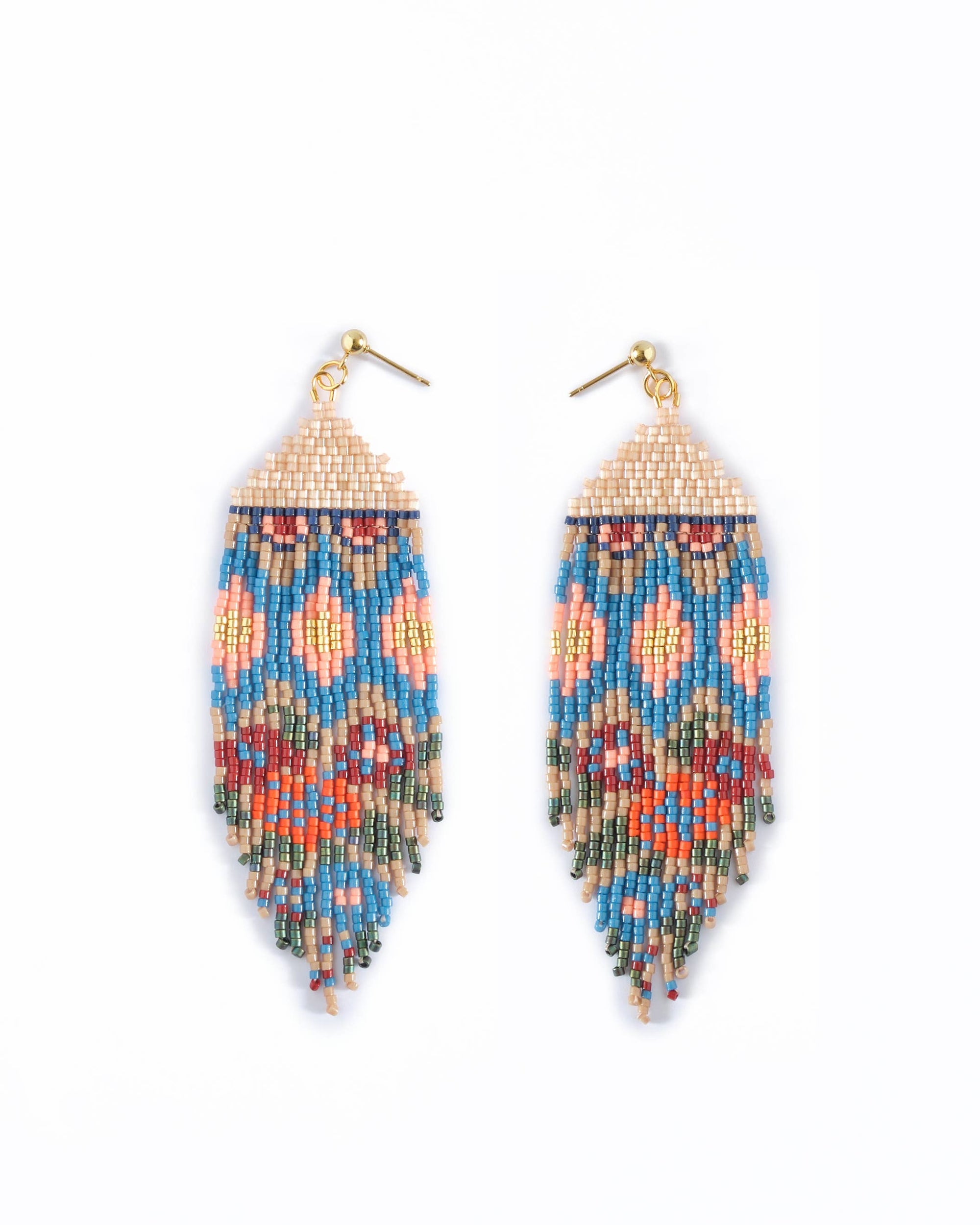 Beaded Huipil Fringe Earrings - Ocean Sunset