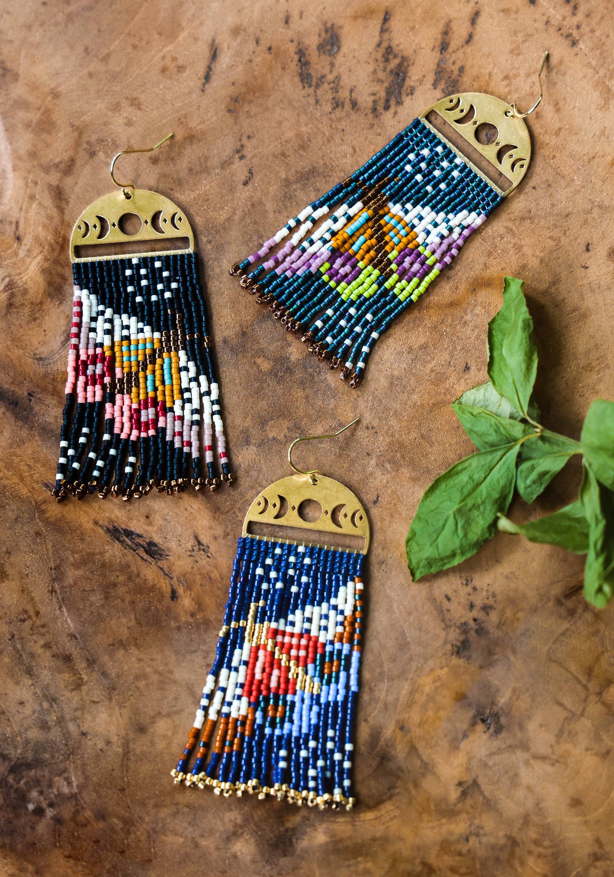 Beaded Moonlit Moth Fringe Earrings - Indigo