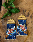 Beaded Moonlit Moth Fringe Earrings - Indigo